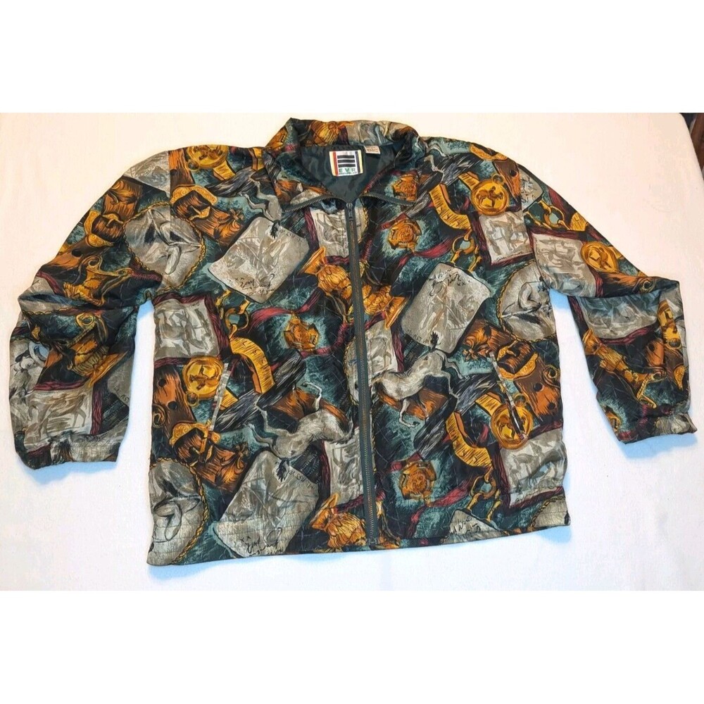 Vintage EVR 100% Silk Bomber Jacket Unisex Sz Large Equestrian Horse Pattern
